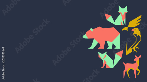 Canvas Print Geometric animal collection in coral and mint green flat design on dark blue bac