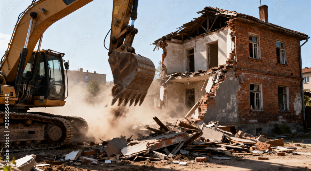 Fototapeta premium Excavator breaking down abandoned house for urban renewal project