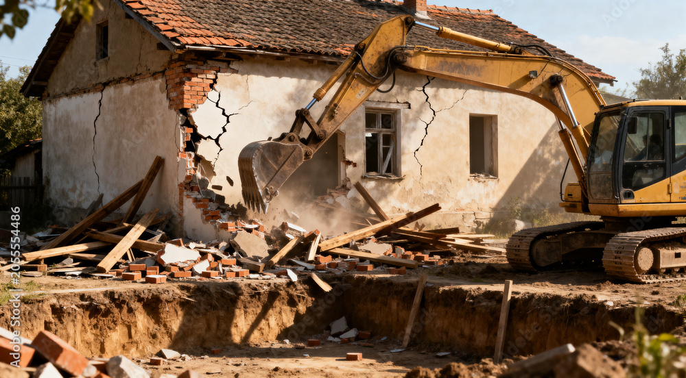 Fototapeta premium Building demolition with heavy machinery at redevelopment site