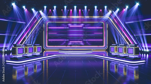 Game show stage neon lights modern television studio