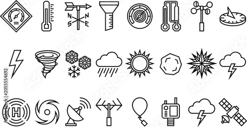 Tableau sur toile Weather forecast line icon set featuring thermometer, barometer, sun, rain cloud