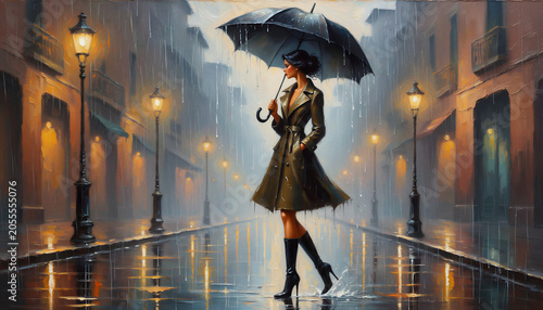 Oil painting of a dark-haired woman in belted olive trench coat and black knee-high heeled boots, holding a dripping umbrella on a wet cobblestone street lined with warm amber gas lamps.