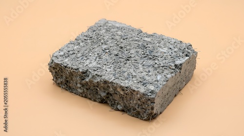 Gray fiber reinforced concrete block sample featuring exposed metallic strands and rough porous edges captured against a smooth pastel orange background in a bright studio setting