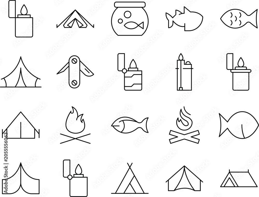 Fototapeta premium Minimalist black and white line of camping gear, outdoor activities, and wildlife symbols tent campfire
