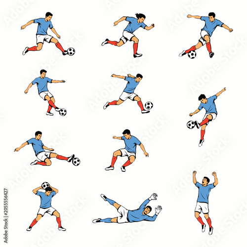 Soccer Player Action Poses Vector Illustration, Football Athlete Training Clipart for Sports T-Shirt Design