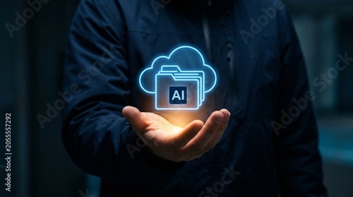 Businessman displays a bright holographic folder cloud icon indicating organized artificial intelligence document storage.