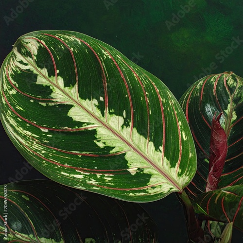 Close-up of a Prayer Plant leaf with striking green and white variegation and red veins.