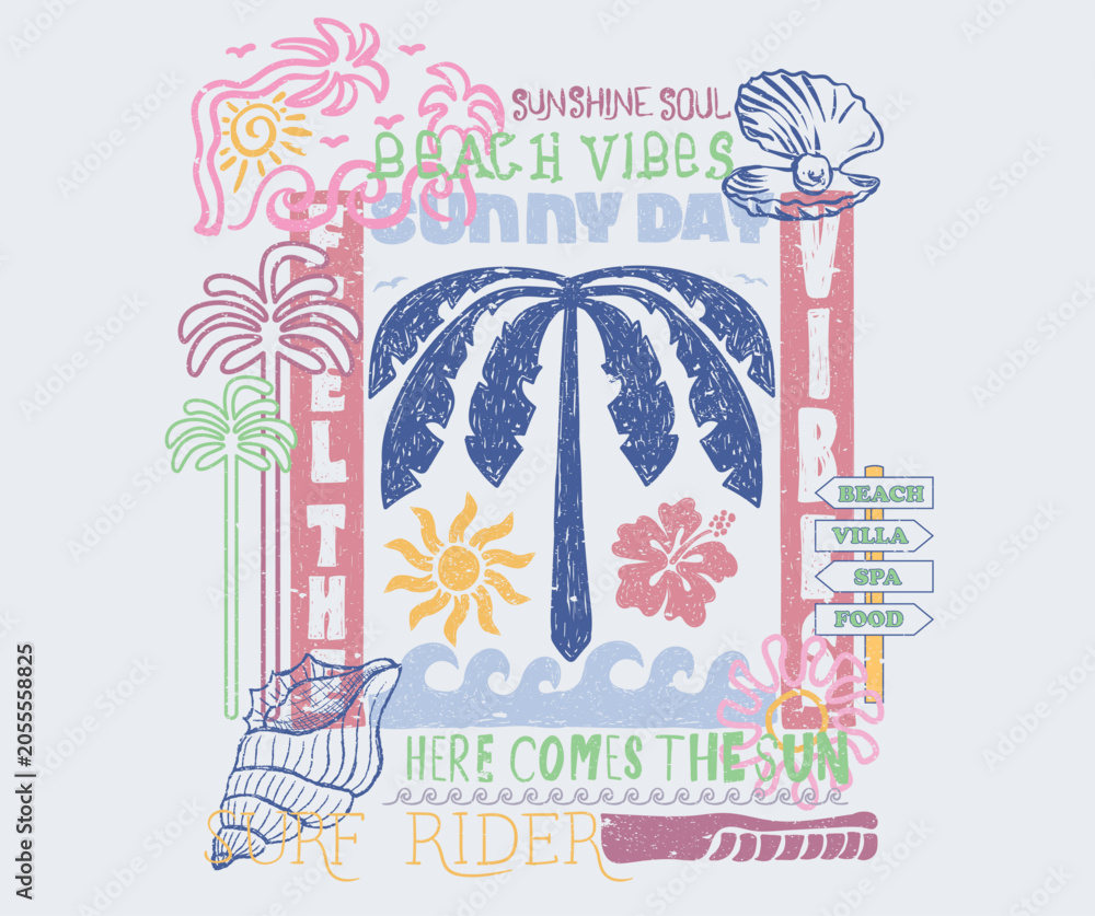 Fototapeta premium Summer good vibes vector design for apparel, stickers, posters, background and others. Enjoy beach life. Beach palm island artwork. Surfing club design. Hibiscus flower seashell, surf artwork. 