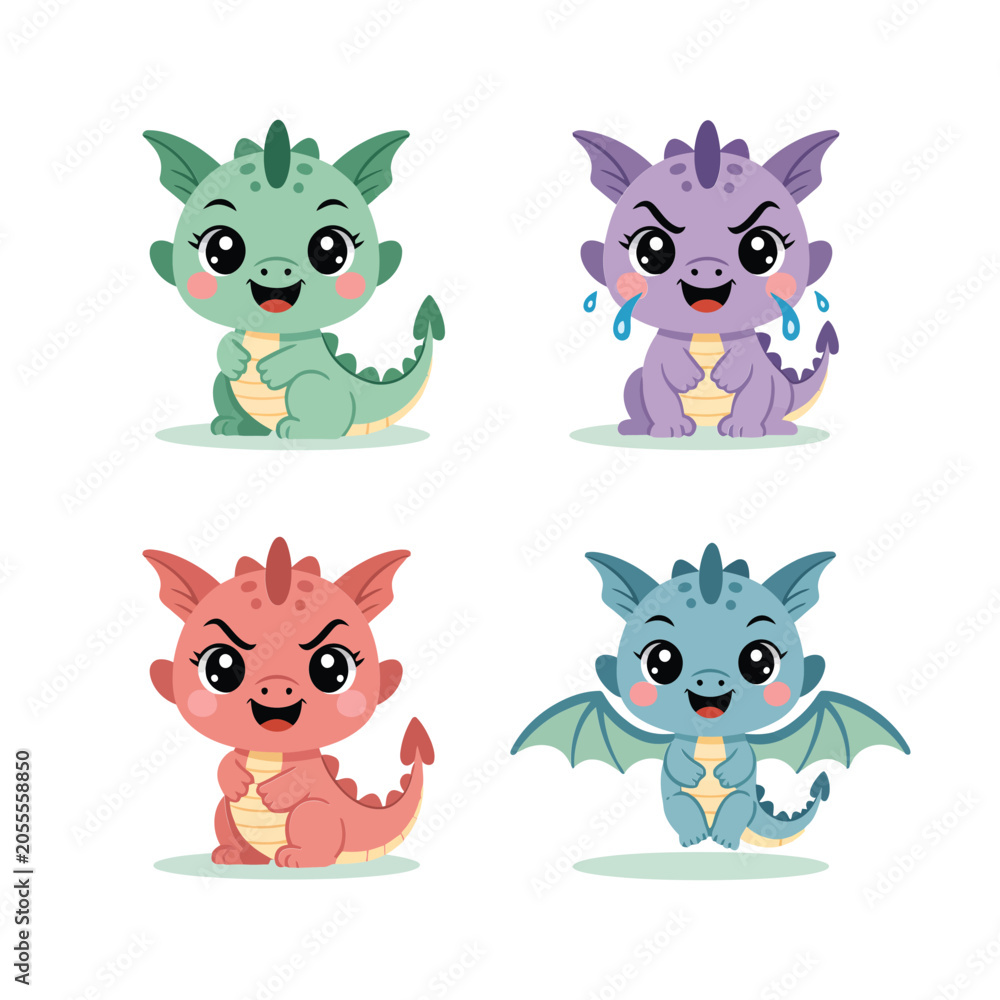 Obraz premium Baby Dragon Characters, Cute Fantasy Hatchlings With Wings And Horns, Colorful Pastel Style, Sticker Pack, Flat Vector Icons, Clipart Collection