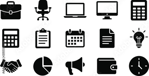 Office Icons Collection Flat Silhouette Style On White Background