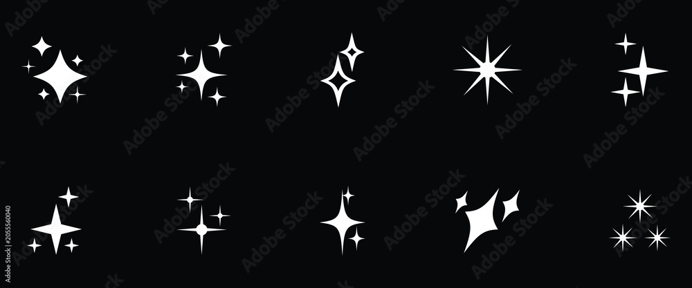 Fototapeta premium Twinkle star vector glitter bright magic light icon. Star twinkle glitter spark outline shine icon set. White light pictogram vector illustration. Isolated on black background. eps10.