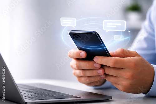 Person texting on smartphone with chat bubbles and glowing lines messaging communication