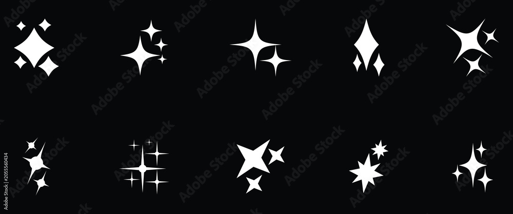Fototapeta premium Sparkling vector set, sparkling icon set, abstract stars shine icon set, futuristic sparkling icon set. Isolated on black background. eps10. 