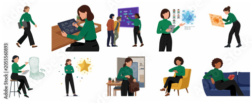 Professional Women in Business and Technology Illustrations Set Featuring Office Work, Product Design, Presentation, and Career Growth Scenarios