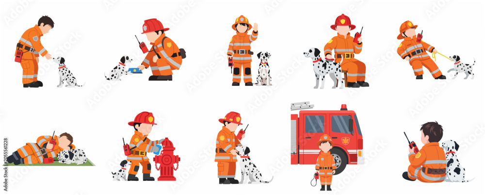 Fototapeta premium Set of little boy firefighter and dalmatian dog character illustrations in various emergency service activities
