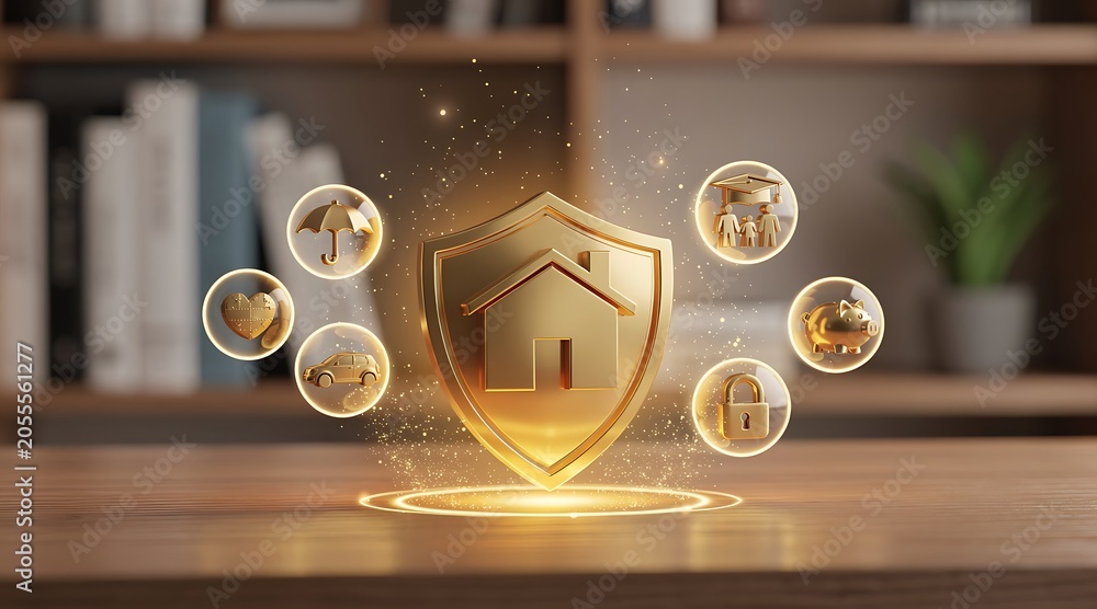 Fototapeta premium Golden Shield Financial Protection: 3D concept for comprehensive insurance solutions, asset security, and wealth management, ensuring future planning and stability.