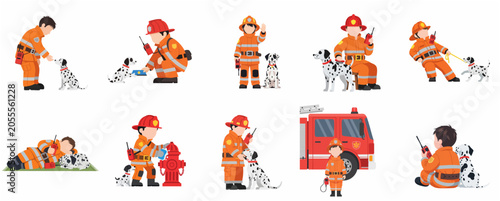 Set of little boy firefighter and dalmatian dog character illustrations in various emergency service activities