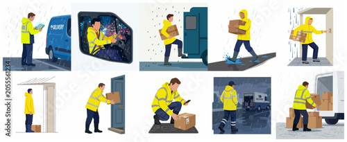 Professional delivery man in yellow raincoat delivering packages in rainy weather vector illustration set