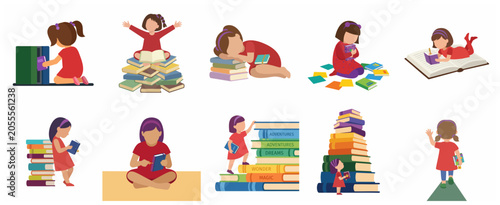 Set of flat vector illustrations featuring a young girl reading, playing, and learning with piles of books, showcasing childhood education, literacy, and imagination concepts.
