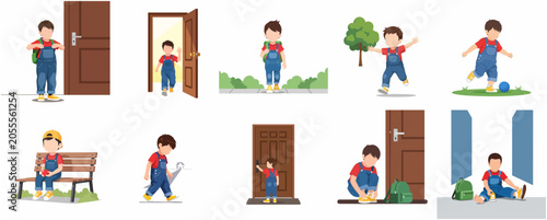 Set of Vector Illustrations Showing a Little Boy's School Day Routine, Activities, and Playtime