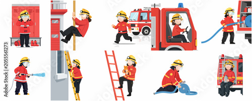Set of female firefighter characters performing various duties at the fire station and during emergencies, flat vector illustration isolated on white.