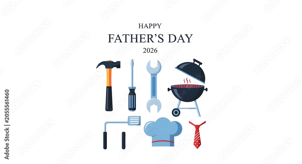 Naklejka premium Flat lay Father's Day 2026 celebration icons with tools, grill, sports and family objects on white background
