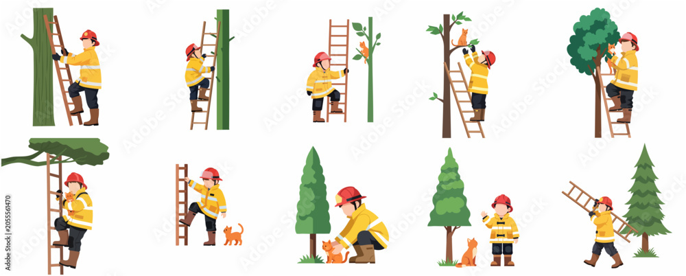 Fototapeta premium Firefighter rescuing a cat from a tree illustration set, heroic fireman saving kitten character collection