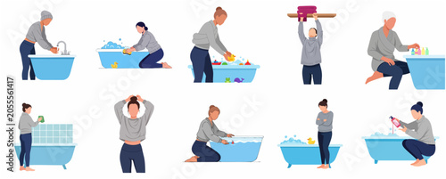 Set of women performing bathroom routines, cleaning, and self-care activities in flat vector style