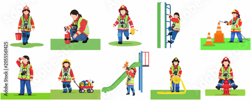 Set of illustrations of a little girl in firefighter uniform performing various rescue activities, career day concept, flat vector
