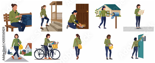 Female Mail Carrier and Postal Worker Delivery Service Flat Vector Illustration Set