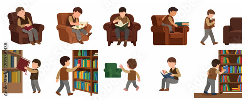 Little boy reading and organizing books in library character set illustration