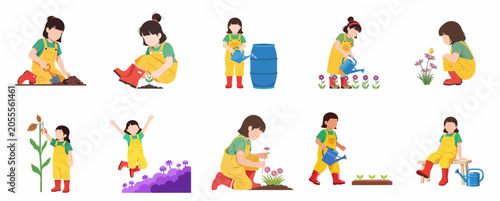 Little Girl Gardening Illustration Set - Kid Planting and Watering Flowers in Garden Vector