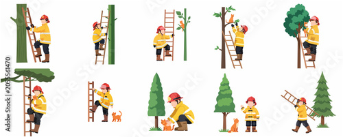Firefighter rescuing a cat from a tree illustration set, heroic fireman saving kitten character collection