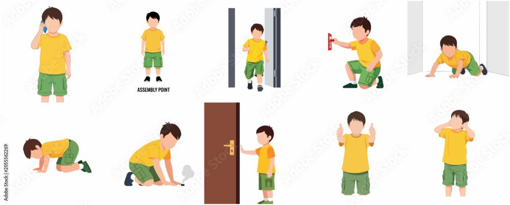 Fototapeta premium Fire Safety Procedures and Emergency Evacuation Instructions for Kids Vector Illustration Set