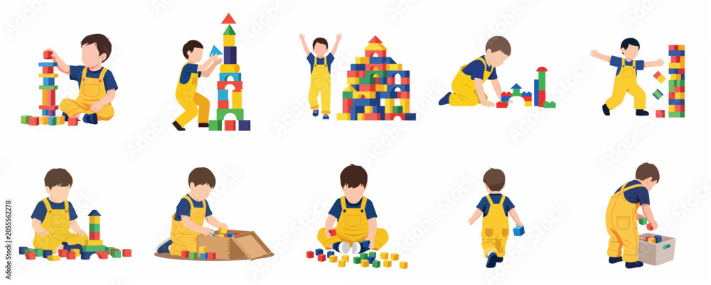 Fototapeta premium Set of flat vector illustrations of a little boy playing with colorful wooden blocks, building towers and learning through creative play