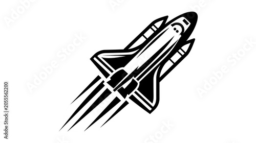 Minimalist space shuttle icon in motion, centered spacecraft symbol isolated on white background