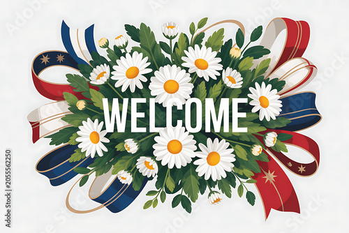 Patriotic floral welcome sign with white daisies, green leaves, and red, white, and blue ribbons white flowers