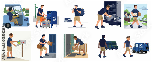 Photos Vector illustration set of postmen and mail carriers delivering letters and pack