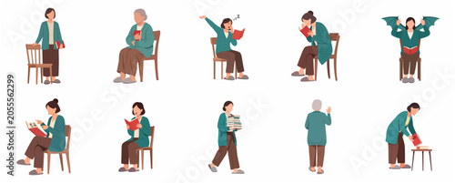 Flat vector illustration set of a woman reading books in various poses, including sitting, standing, walking, and yawning while studying, isolated on white background.