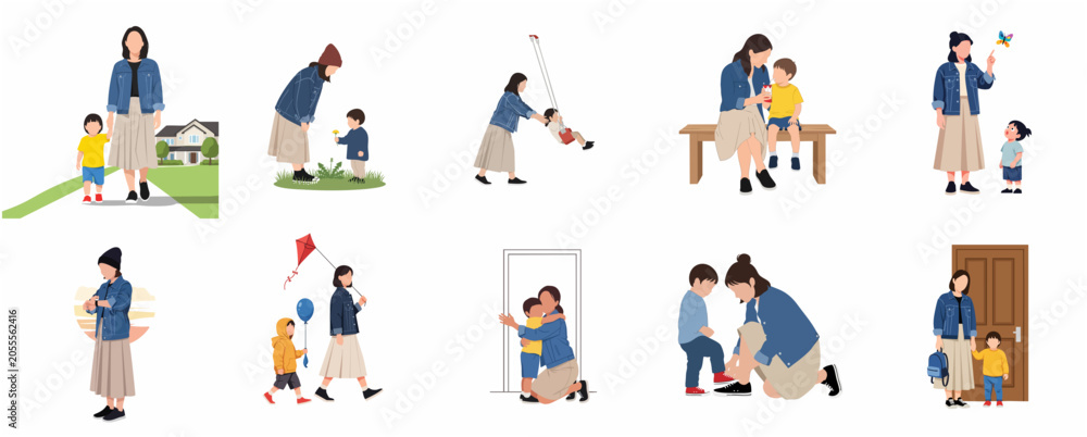 Fototapeta premium Flat vector illustration set of mother and young son in various daily activities, parenting concept, family bonding moments on white background