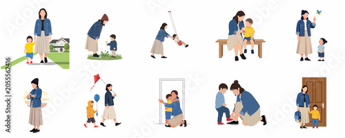 Flat vector illustration set of mother and young son in various daily activities, parenting concept, family bonding moments on white background