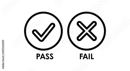 Pass and fail checkmark and cross symbol icons with checkmark decision evaluation validation positive negative selection isolated correctness incorrect assessment