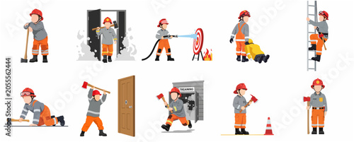 Firefighter boy character set in various emergency rescue and training actions