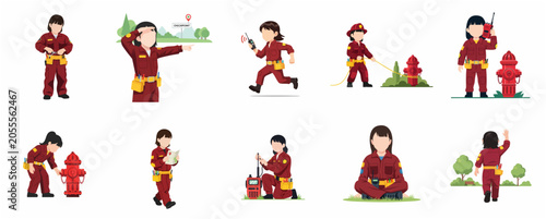 Fotografie Cute girl firefighter character set in red uniform performing rescue activities