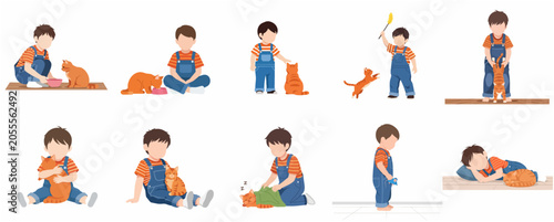 Fotografía Set of illustrations depicting a young boy and his ginger cat in various daily a