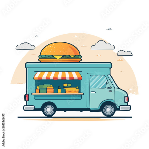 Cartoon food truck with burger and vegetables