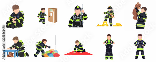 Schilderij op canvas Set of flat vector illustrations of a young boy dressed as a firefighter in vari