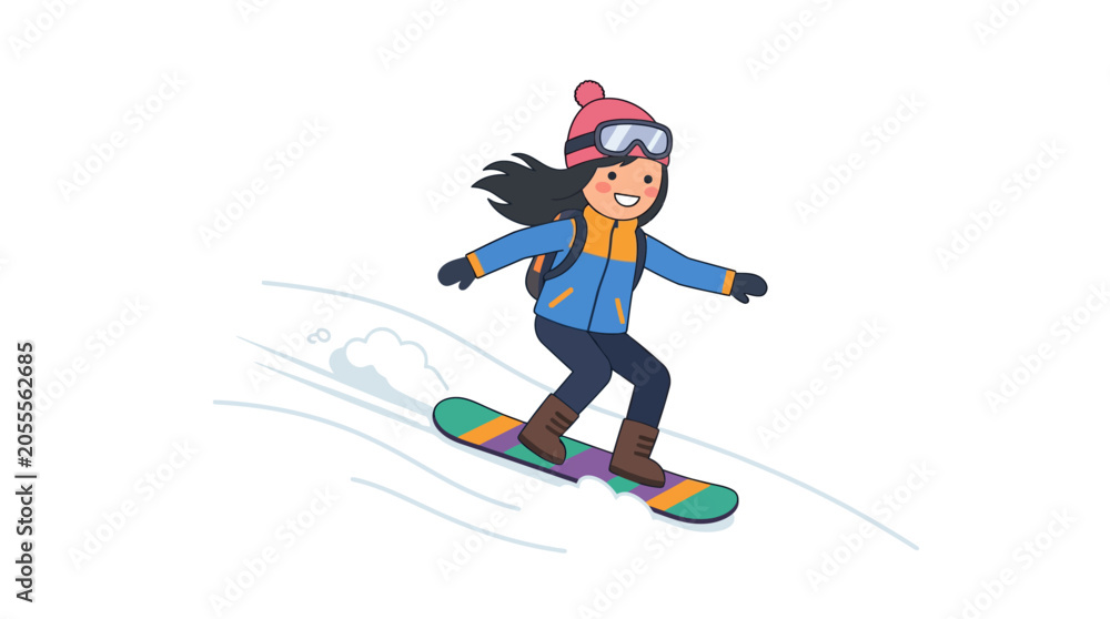 Obraz premium Young girl snowboarding down a snowy slope in winter.