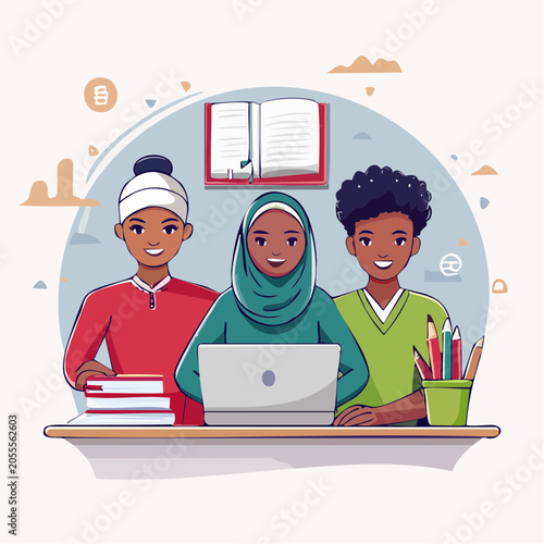 Diverse students learning together with laptop and books