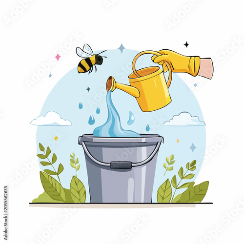 Gardening Scene: Watering Bucket with Bee and Watering Can